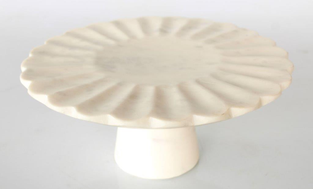White Marble Cake Stand Scalloped Edge